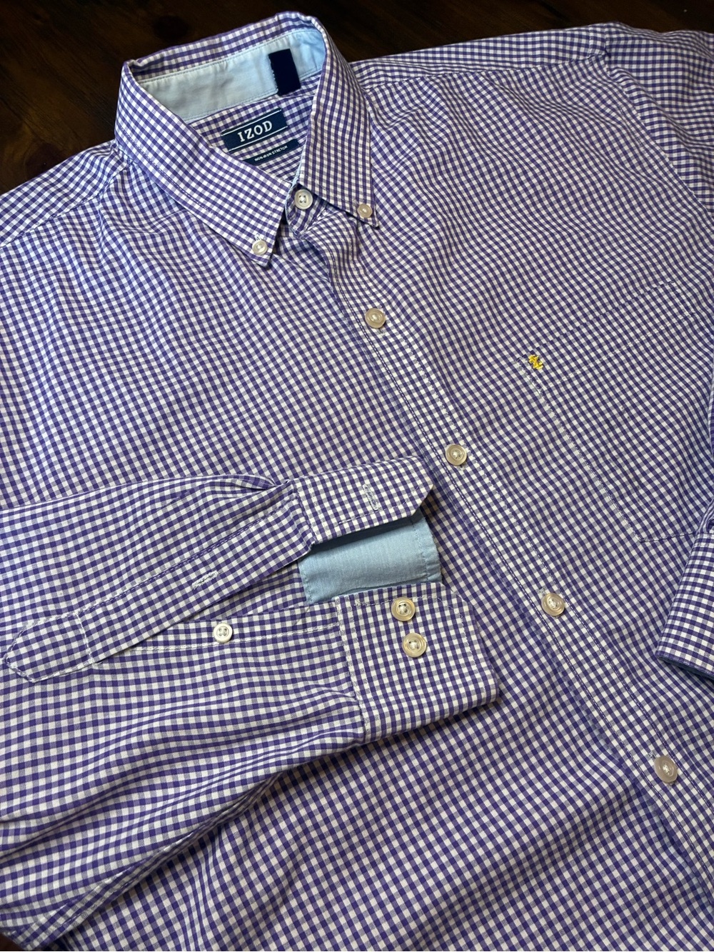 IZOD Men’s Purple Gingham Button-Down Shirt. Large
